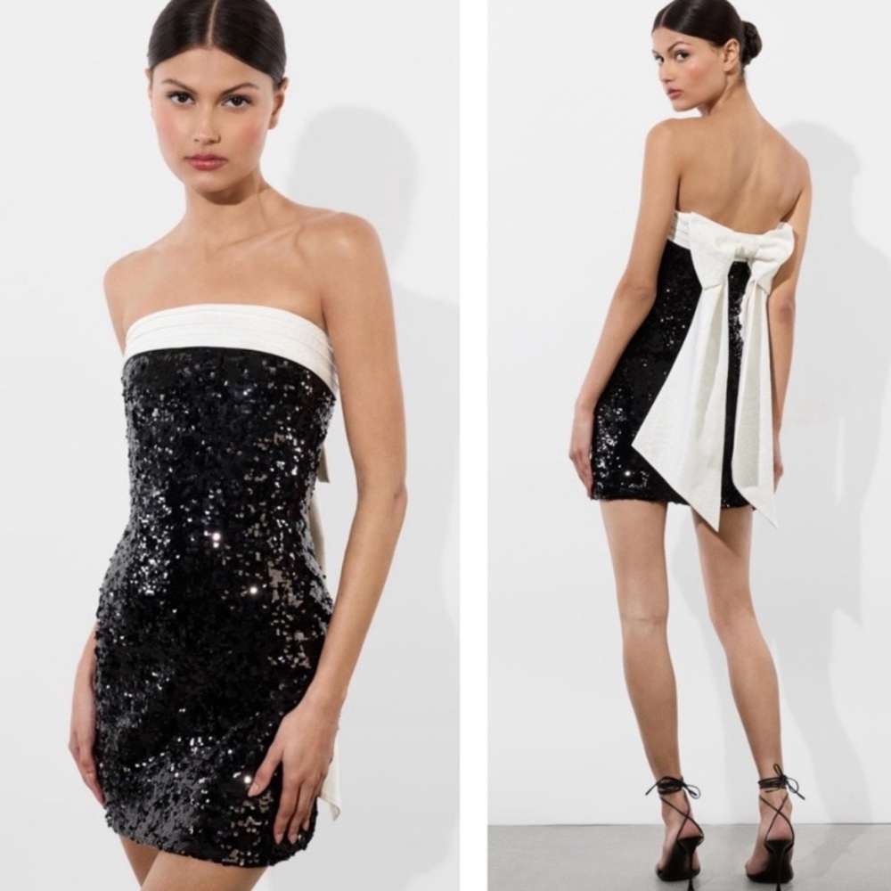 NWT Alice + Olivia Sibella Embellished Strapless Bow Back Mini Dress Size 8 - Picture 3 of 9